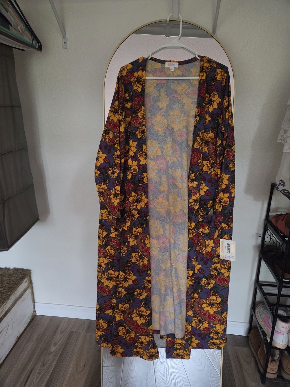 Floral Long Open Cardigan - Yellow & Burgundy on Navy - Picture 3 of 9